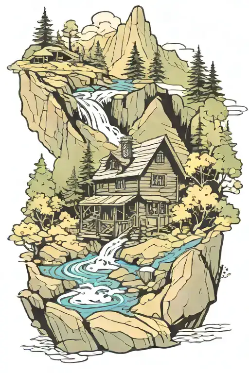 Cabin Beside A Raging River In A Forest Below A Mountain