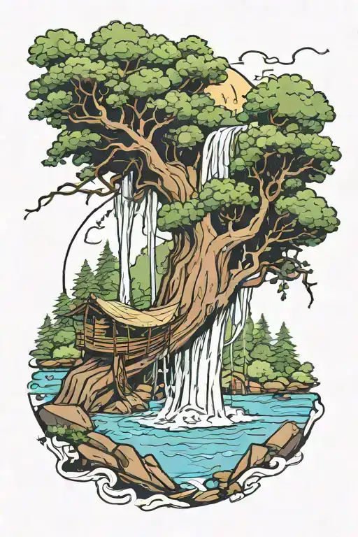 A Hammock In The Woods Beside A Raging River With A Majestic Waterfall