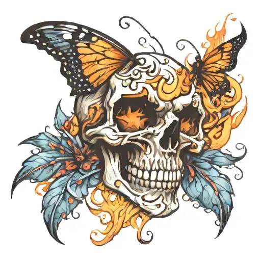 Skull With A Butterfly Made Of Fire Over The Eye