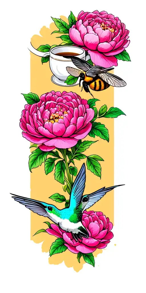 Humming Bird Over Coffee Mug And Bumble Bee Flying Over Peony