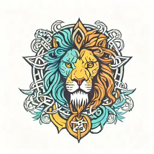 A New-school Interpretation Of A Lion And A Celtic Cross In A Vibrant And Colorful Design