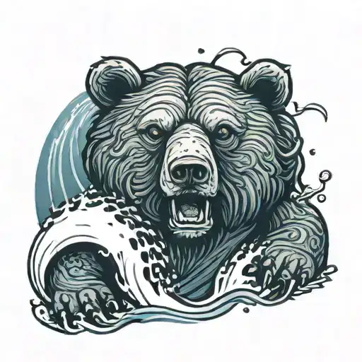 A Bear Emerging From The Waves With A Shipwreck In The Background In A New-school Style