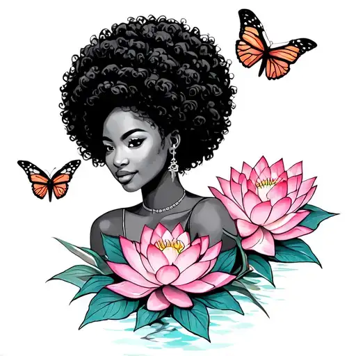 Line Work Of A Black Woman With An Afro Surrounded By Lotus Flowers And Butterflies
