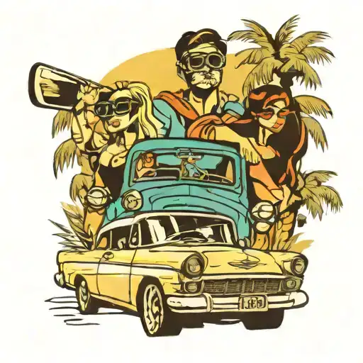 Girl And Guy With Ski Masks In A Car In A Cuban Like Road With Palm Trees