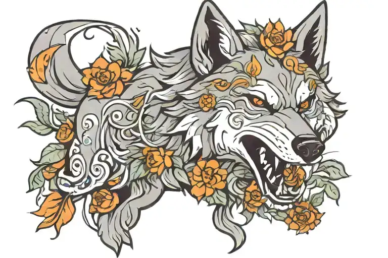 A Wolf With A Flower Branch In Its Mouth Open