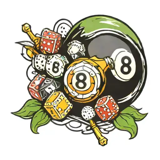 An 8 Ball With A Poker Chip And Dice Surrounded By Billiard Balls