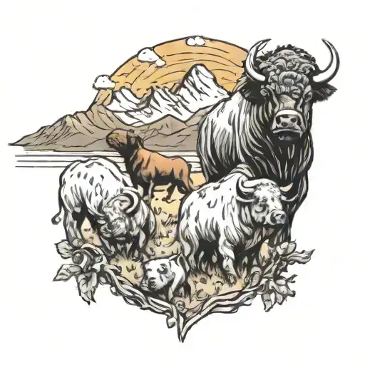 Buffalo Herd And Grateful Dead Bears And Pit Bull And Mountains And Trees And Nature And Sunset