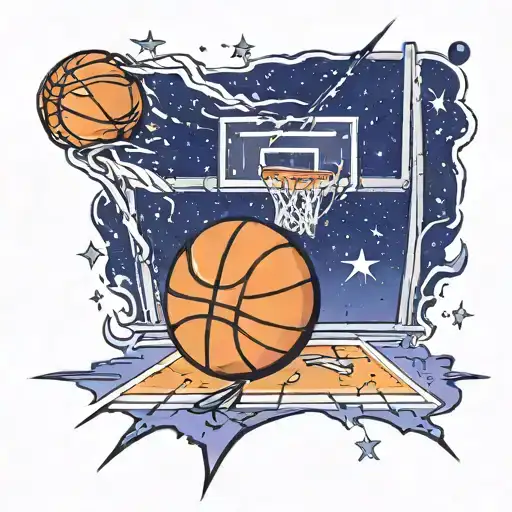A Basketball Court Scene With A Galaxy Sky And Shooting Stars