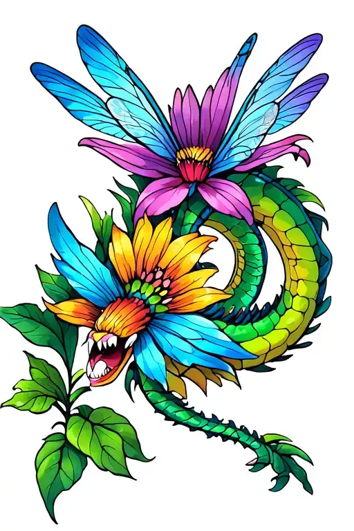 Flower And Dragon Fly Away