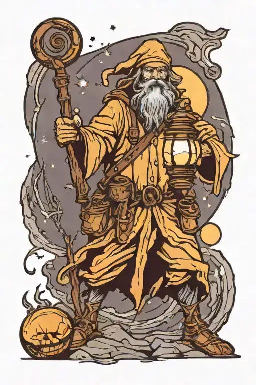 Hermit Holding A Lantern In Front Of The Moon In One Hand And A Walking Staff In The Other Hand