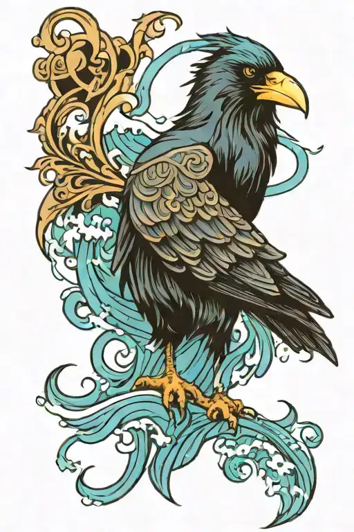 Raven With Blue Ocean Wave