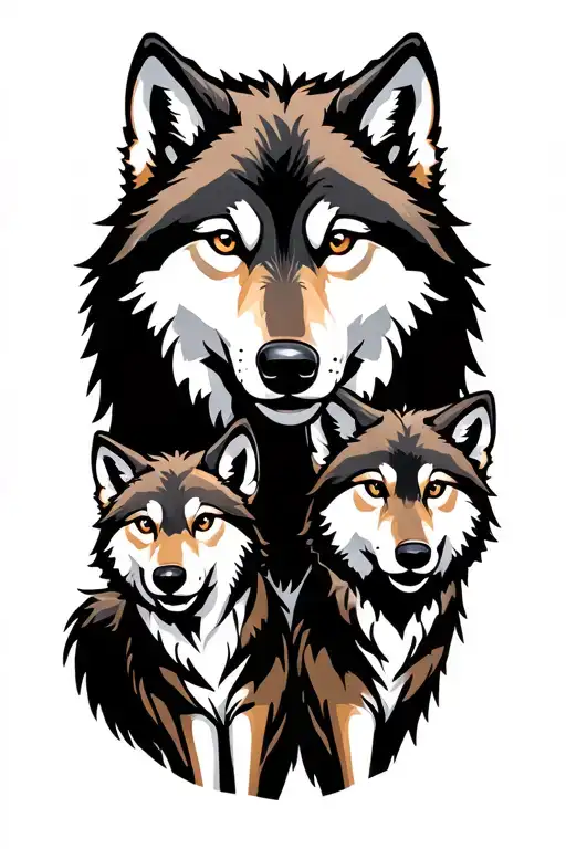 Wolf With Two Wolf Cubs