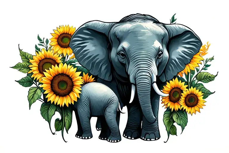 Elephant Mom And Baby With Sunflowers Emerging