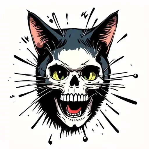 Black Cat Playing With Skull