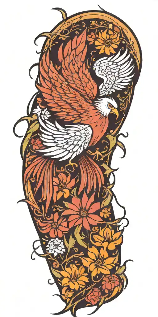 Phoenix Soaring With Flowers Blooming