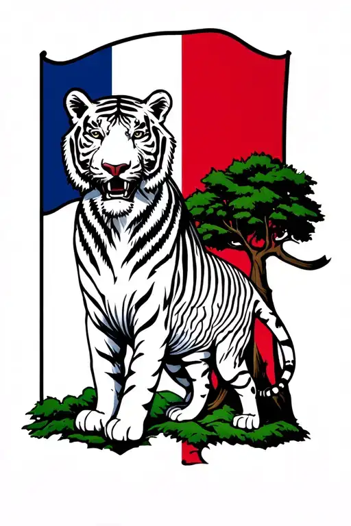 France Flag With Familly Tree And White Tiger Surrounded