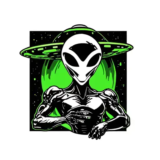 An Alien And Ufo Black And White And Green