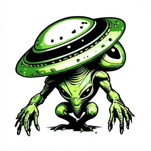 An Alien And Ufo Black And White And Green