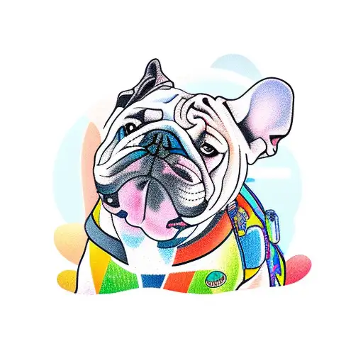 A Whimsical New-school Tattoo Of A Bulldog Wearing Hiking Gear And Exploring A Colorful Forest