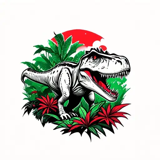 A Dinosaur In A Jungle In Black White And Red And Green