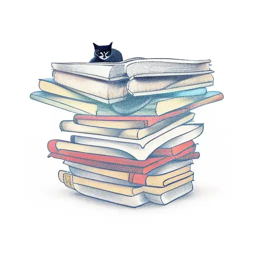 A Minimalist Tattoo Of A Cat Sitting On A Pile Of Books In A Cozy Library