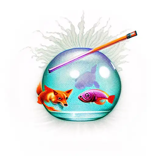 A Tan Colored Goldfish In A Fishbowl With A Ruby Colored Fox Looking Into It