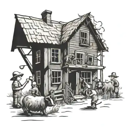 A Whimsical Farm Scene With Children Playing Among The Animals