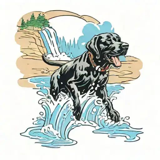 A Black Lab Dog Playing On A Sandy Beach With A Waterfall In The Background