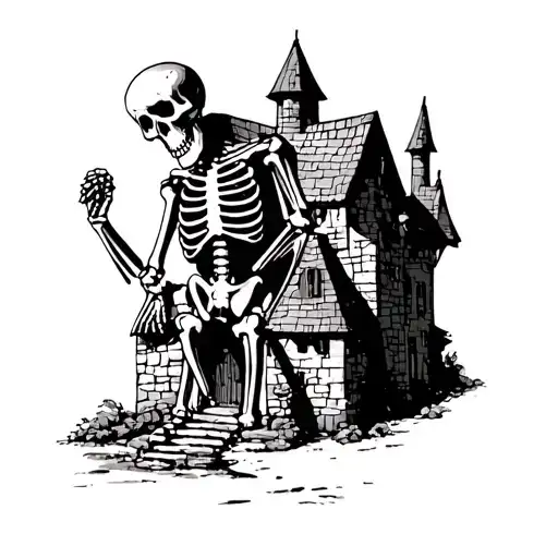 A Giant Skeleton In A Medieval Village In Black And White