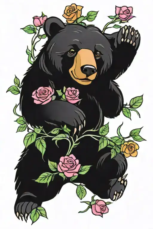 A Black Bear Surrounded By Vibrant Roses And Lush Vegetation