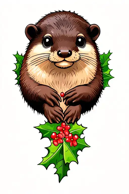 Cartoon Otter In Frame With Holly Flowers