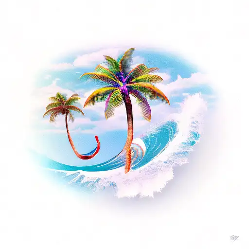 Wave And Palm Tree Tattoo