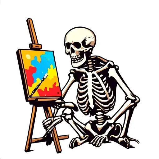 A Skeleton Artist With A Paint Brush And Easel