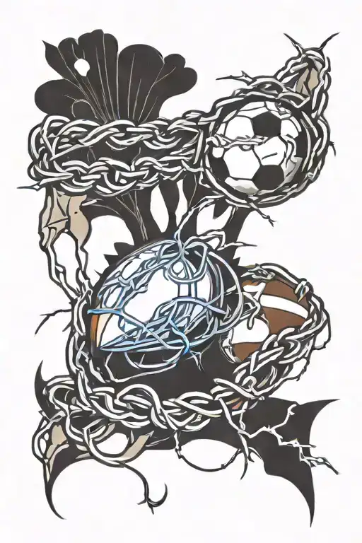 Design A New-school Style Tattoo Featuring Barbed Wire Intertwined With Football Imagery