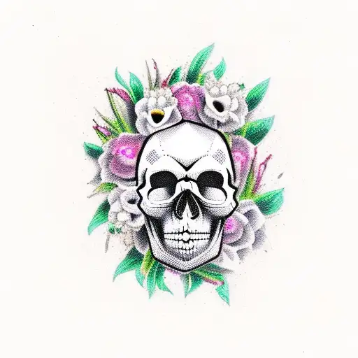 Skull And Wolf With Deadly Flowers