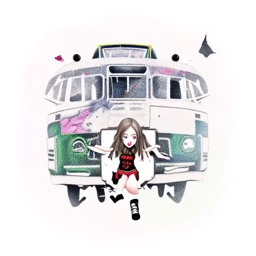A Gothic Girl On The Top Of A Destroyed Bus With Another Girl On The Ground