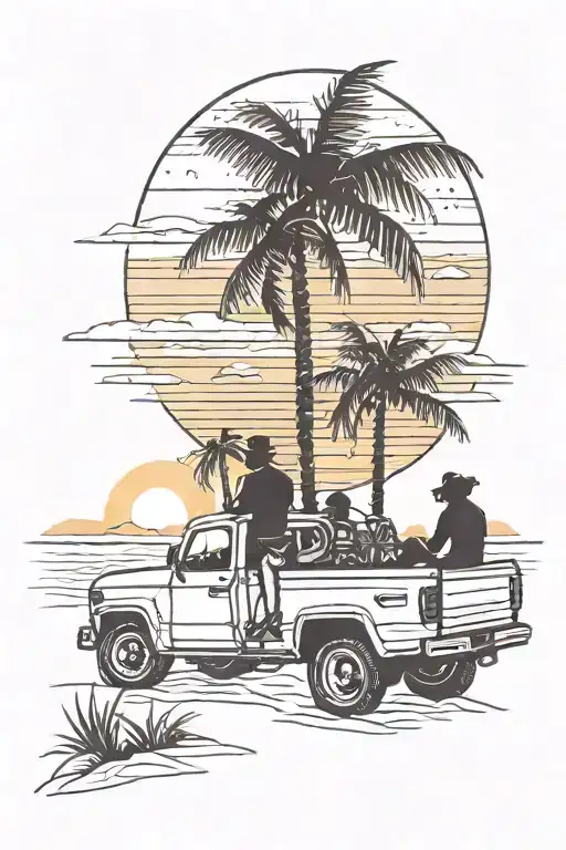 2 Silhouettes Sitting In A Truck Bed Watching The Sunset On A Beach Add Palm Trees