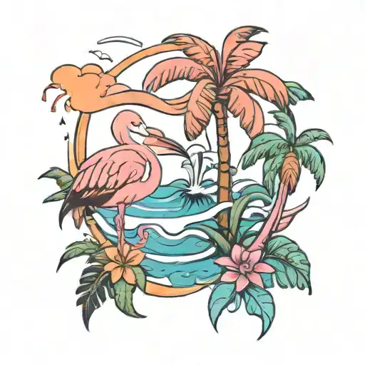 Beach Palm Trees Flamingo And A Dolphin Swimming