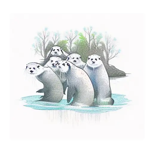 A Group Of Otters Paddling Through A Serene Forest River