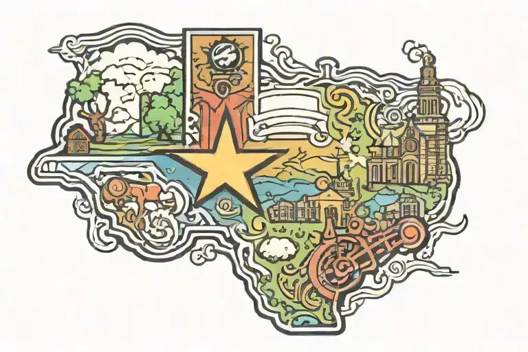 Texas State Outline Tattoo Design Featuring Iconic Symbols