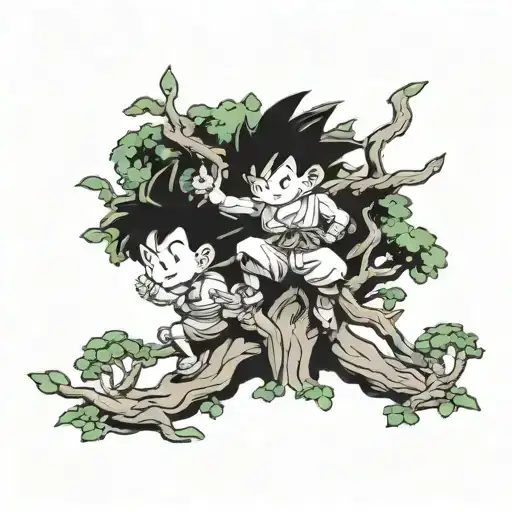 Child Version Of Goku On A Tree With The Child Version Of Gon