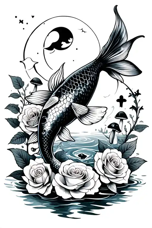 Black And White Koi Fish With Roses And Mushrooms And A Moon And Starts