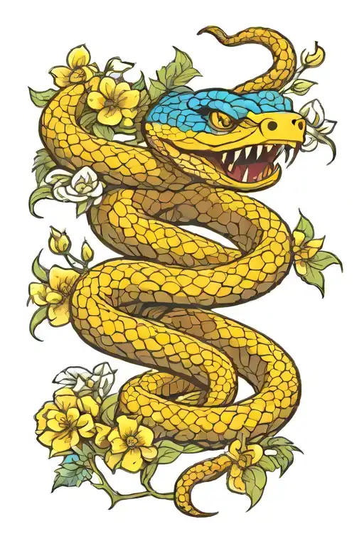 Blue Viper Snake Wrapped In Flowers