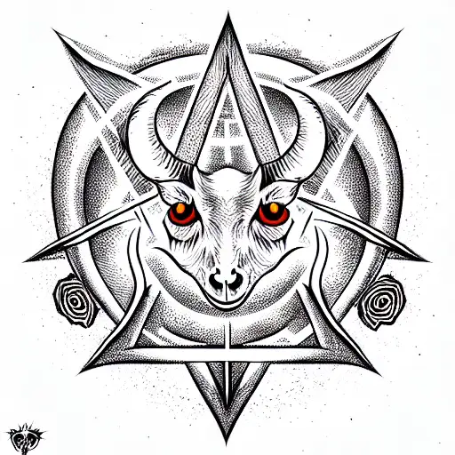 Black Goat With Three Eyes And The Pentagram Is Red