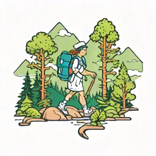 A New-school Design Of A Nurse Hiking Through A Forest With A Mountain Backdrop