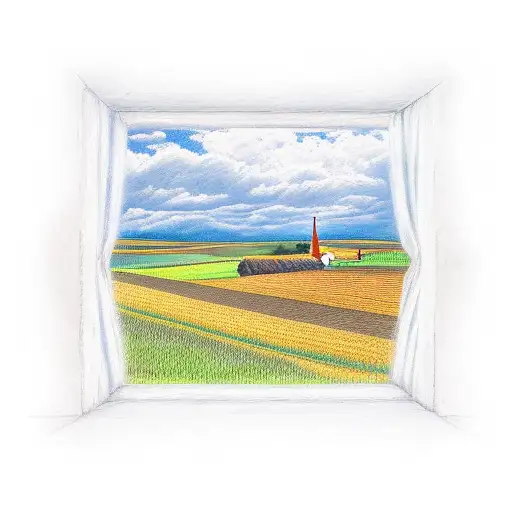 A Color Tattoo Of A Wheat Farm Viewed Through A Beer Glass Shapped Window