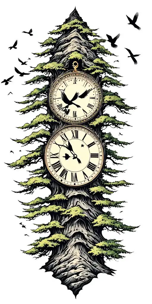 Moutains Tree Clock Birds Flying