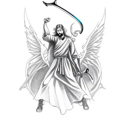 Lucifer Holding Sword To Gabriel