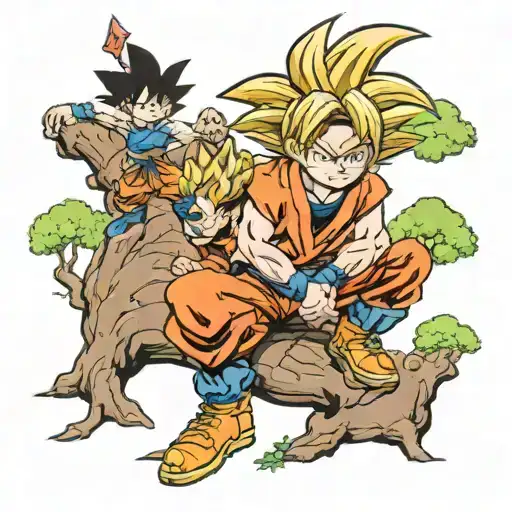Child Version Of Goku On A Tree With The Child Version Of Gon
