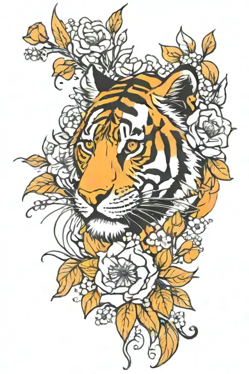 Tiger Head Surrounded By Flowers